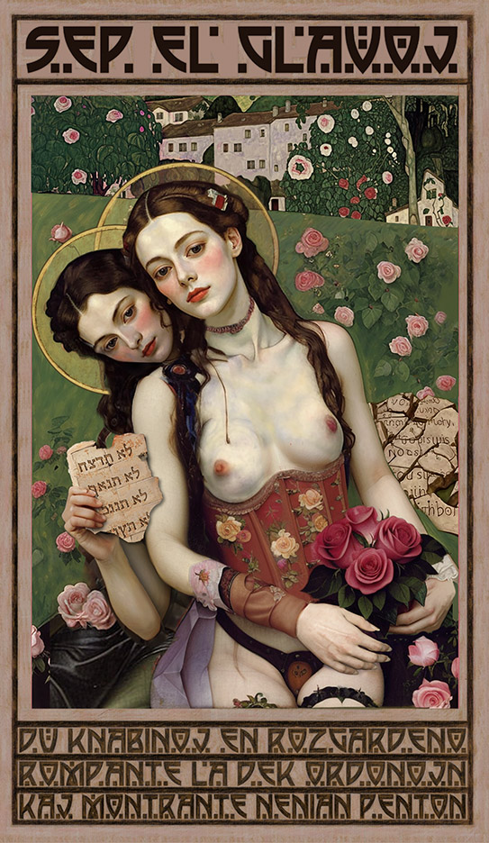 Two Girls in a Rose Garden Breaking the Ten Commandments; digital sketch; 18 x 28; 2024