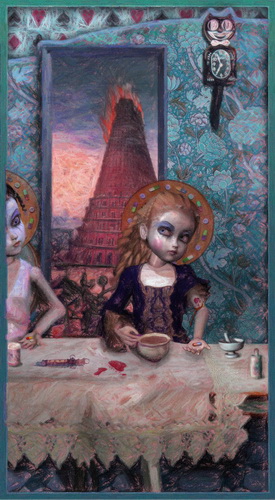 Babel Burning with Curious Tea; o/c; 19 x 33 in.; 2021
